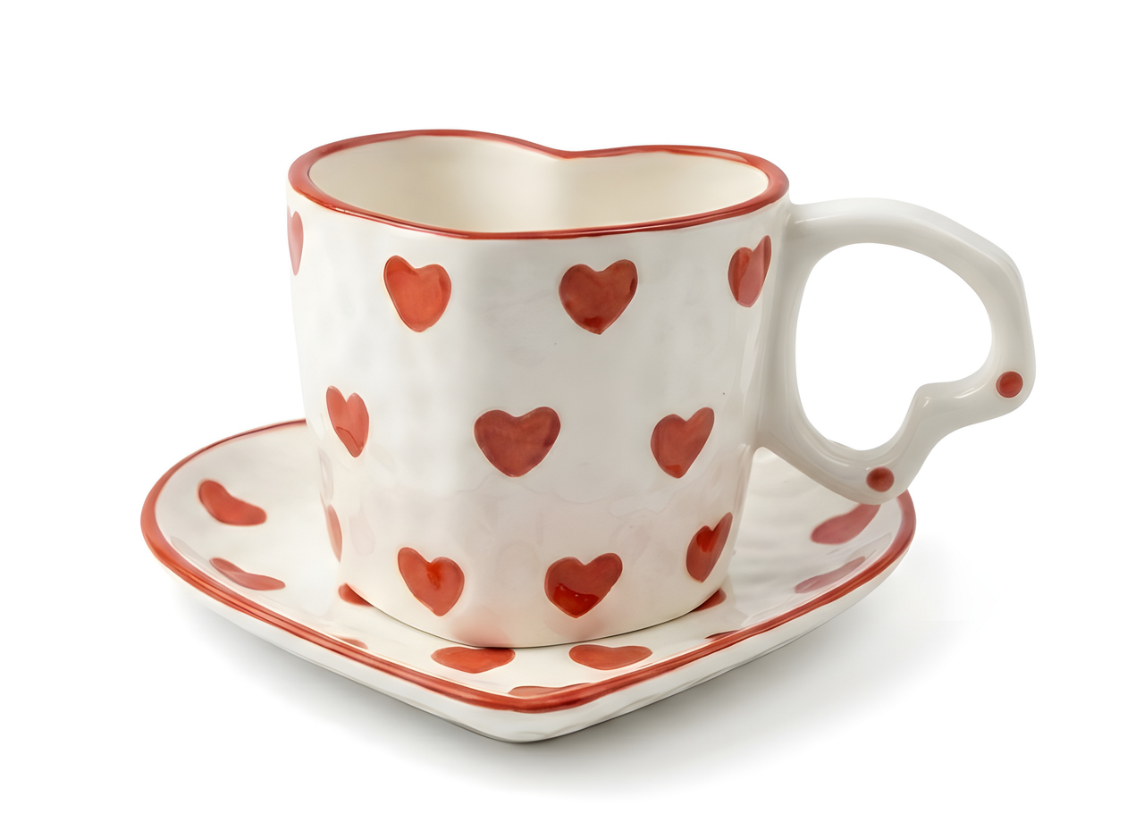 Cute Porcelain Mug Red Hearts Heart Shape White Handle Saucer