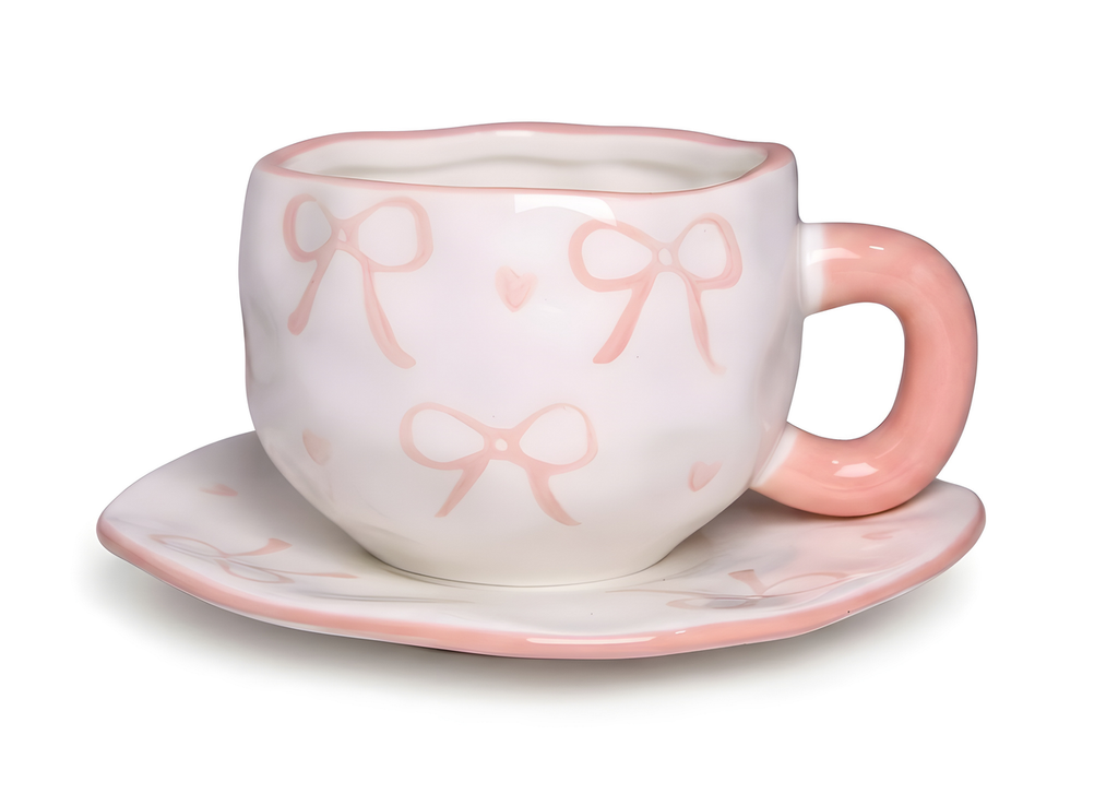 Cute Porcelain Mug Pink Bow Pattern White Pink Handle Saucer