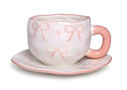 Cute Porcelain Mug Pink Bow Pattern White Pink Handle Saucer