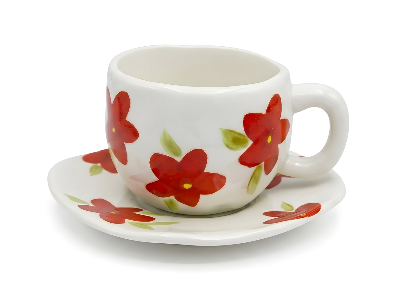 Floral Porcelain Mug Red Flowers White Handle with Saucer