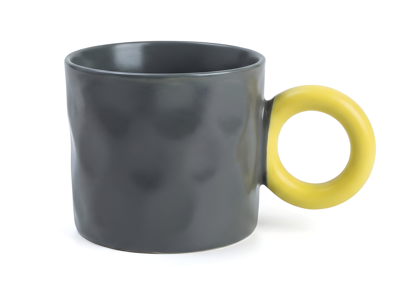 Unique Porcelain Mug Dark Grey Yellow Circle Handle