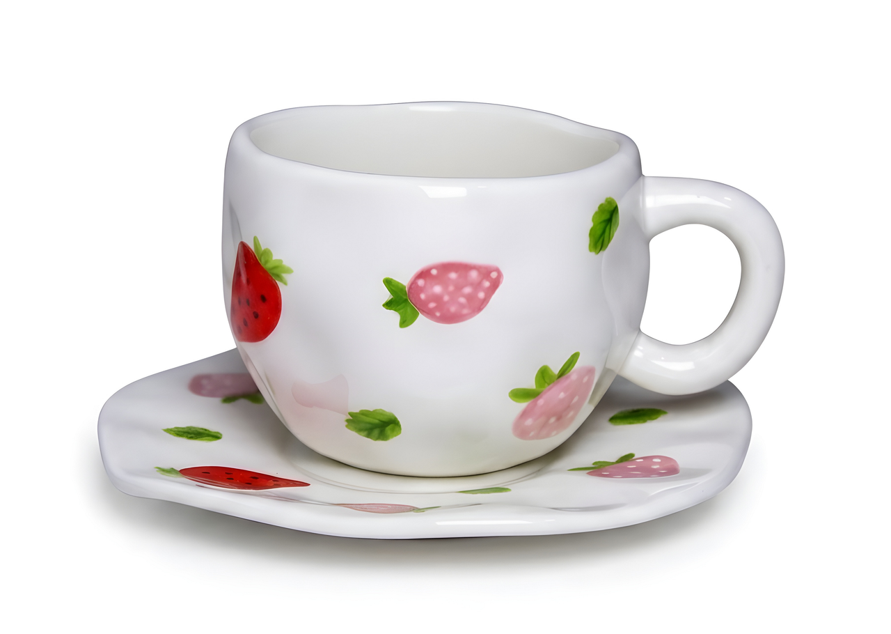 Cute Porcelain Mug Strawberry White Handle with Saucer