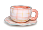 Elegant Porcelain Mug Pink Plaid Blue Rim with Saucer