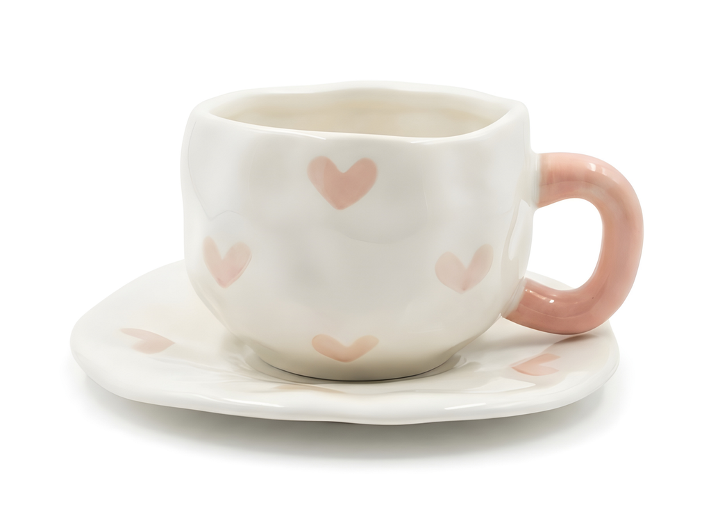 Cute Porcelain Mug Pink Hearts White Body Pink Handle Saucer