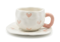 Cute Porcelain Mug Pink Hearts White Body Pink Handle Saucer