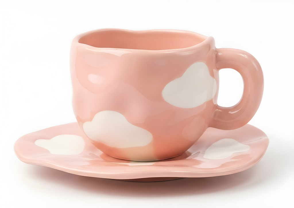 Cute Porcelain Mug Pink Cloud Design Pink Handle with Saucer