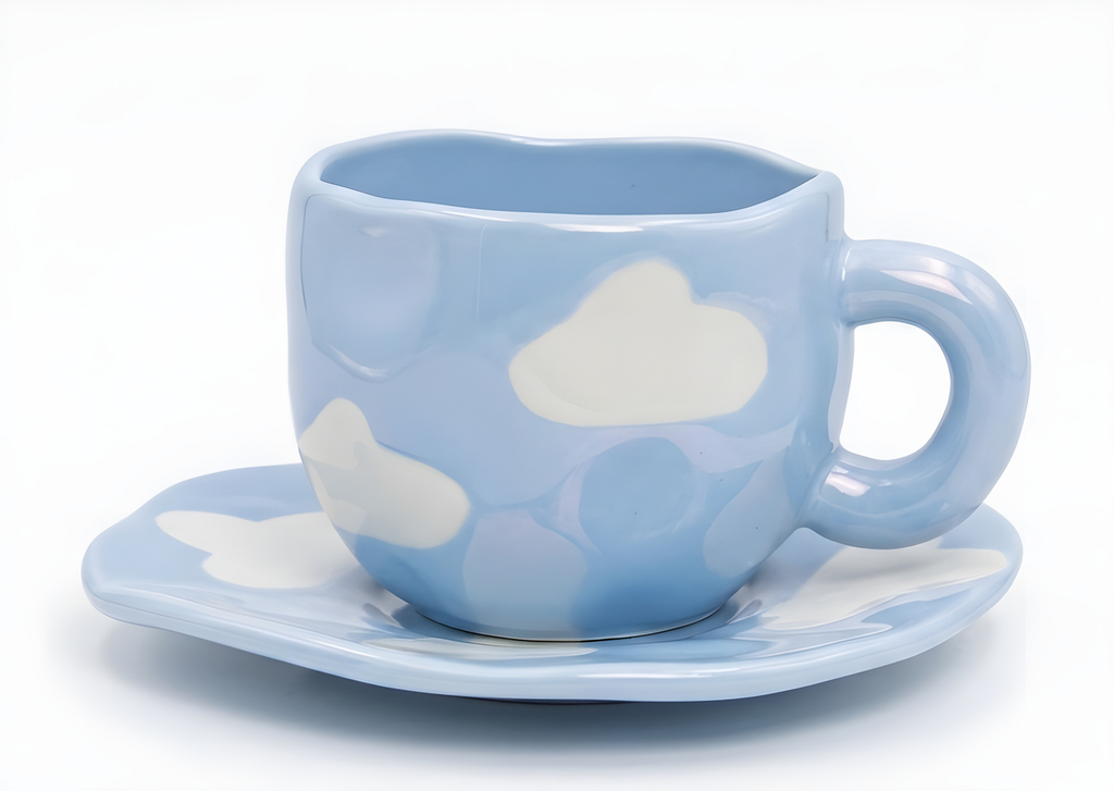 Cute Porcelain Mug Blue Sky Cloud Blue Handle with Saucer