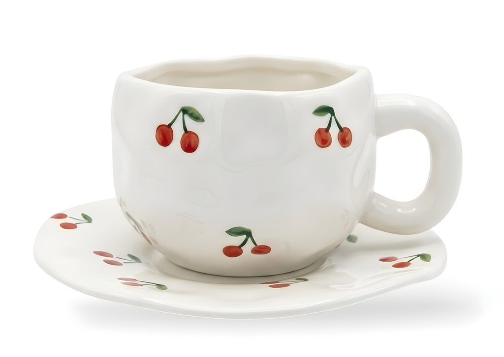 Cute Porcelain Mug Cherry Pattern White Handle with Saucer