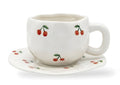 Cute Porcelain Mug Cherry Pattern White Handle with Saucer