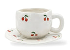 Cute Porcelain Mug Cherry Pattern White Handle with Saucer