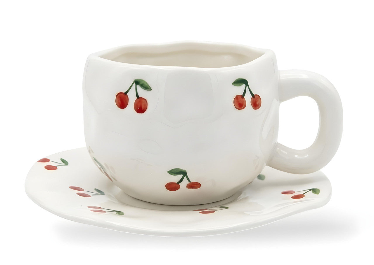 Cute Porcelain Mug Cherry Pattern White Handle with Saucer