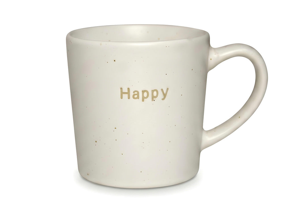 Elegant Porcelain Mug Happy Gold Text Cream Speckled