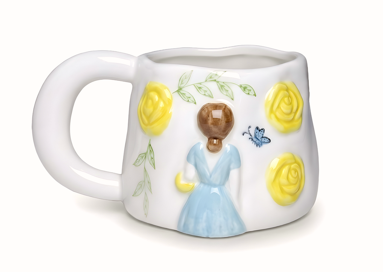 Unique Porcelain Mug 3D Girl Yellow Roses White Floral Handle