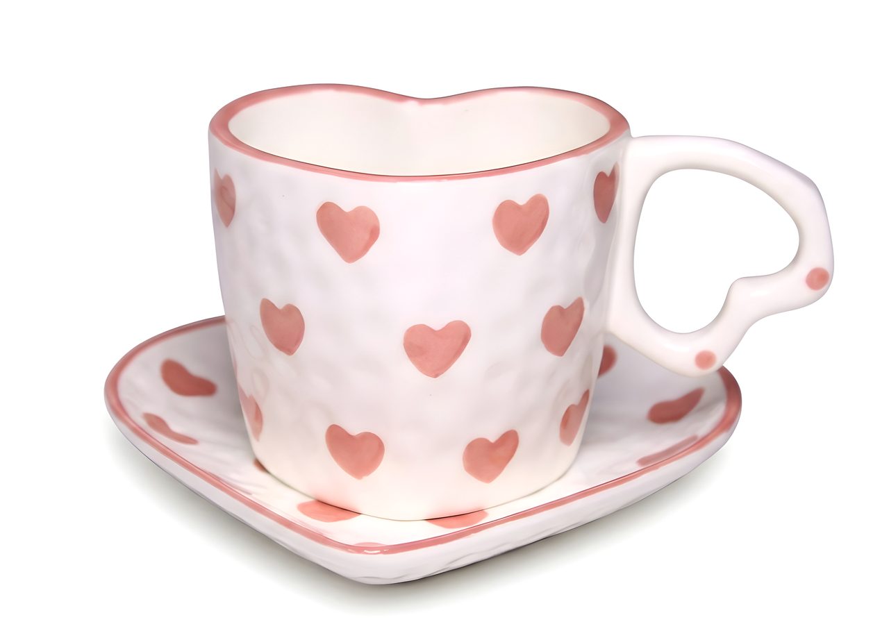 Heart-Shaped Porcelain Mug with Saucer - Pink Hearts