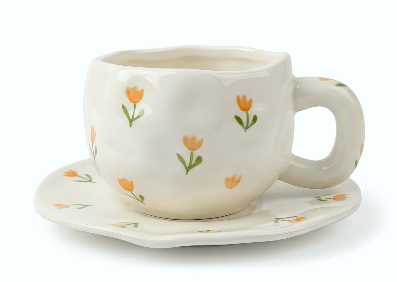 Cloud-Shaped Porcelain Mug with Saucer - Orange Tulip Floral