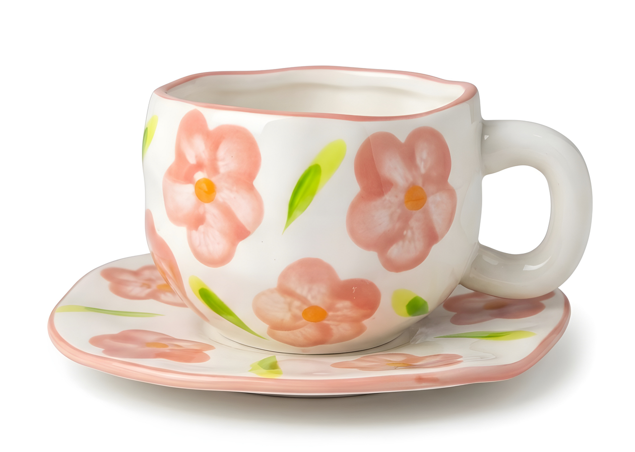 Cloud-Shaped Porcelain Mug with Saucer - Pink Blossom Floral