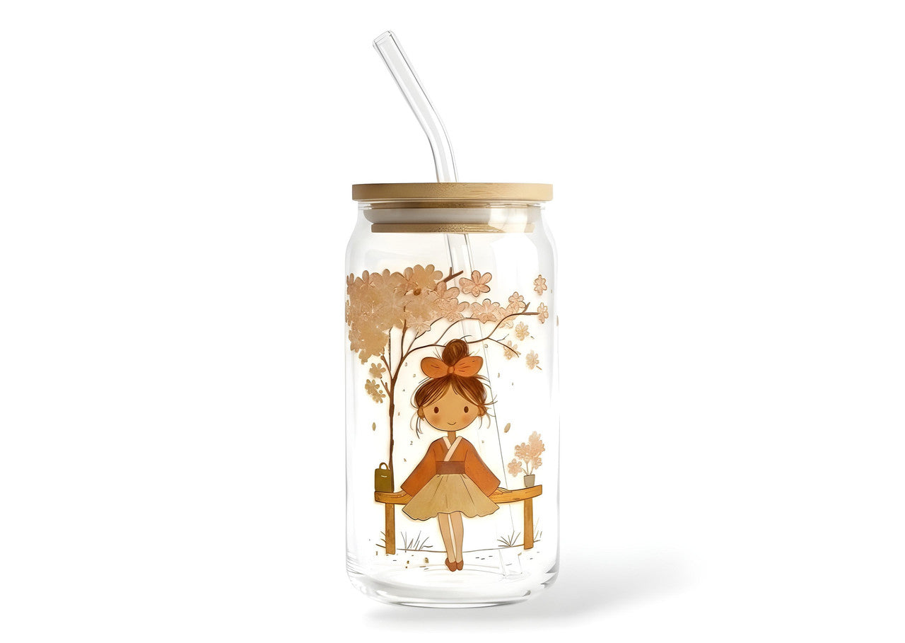 Autumn Girl Glass Tumbler - Bamboo Lid and Straw