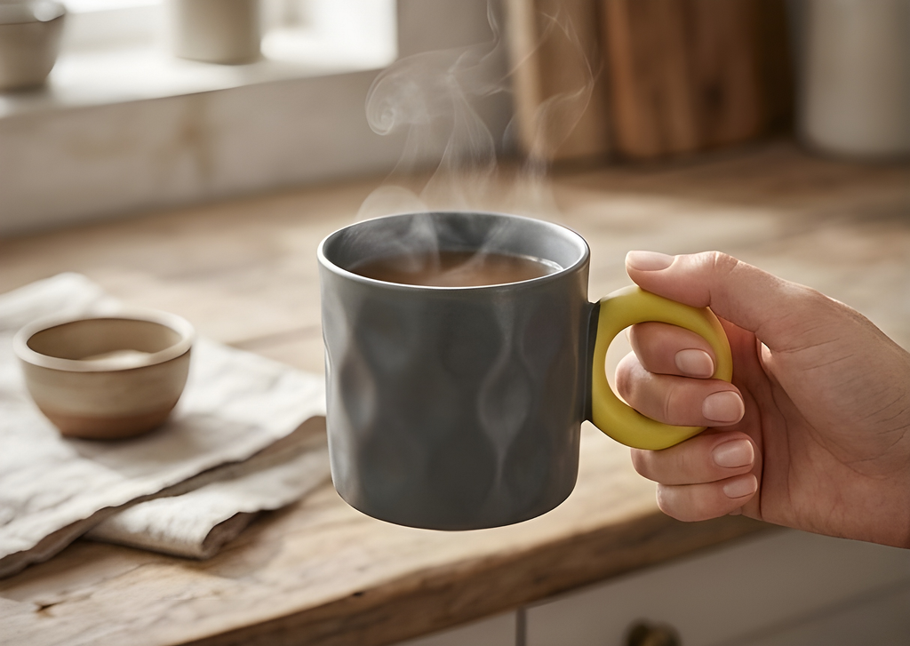 Unique Porcelain Mug Dark Grey Yellow Circle Handle