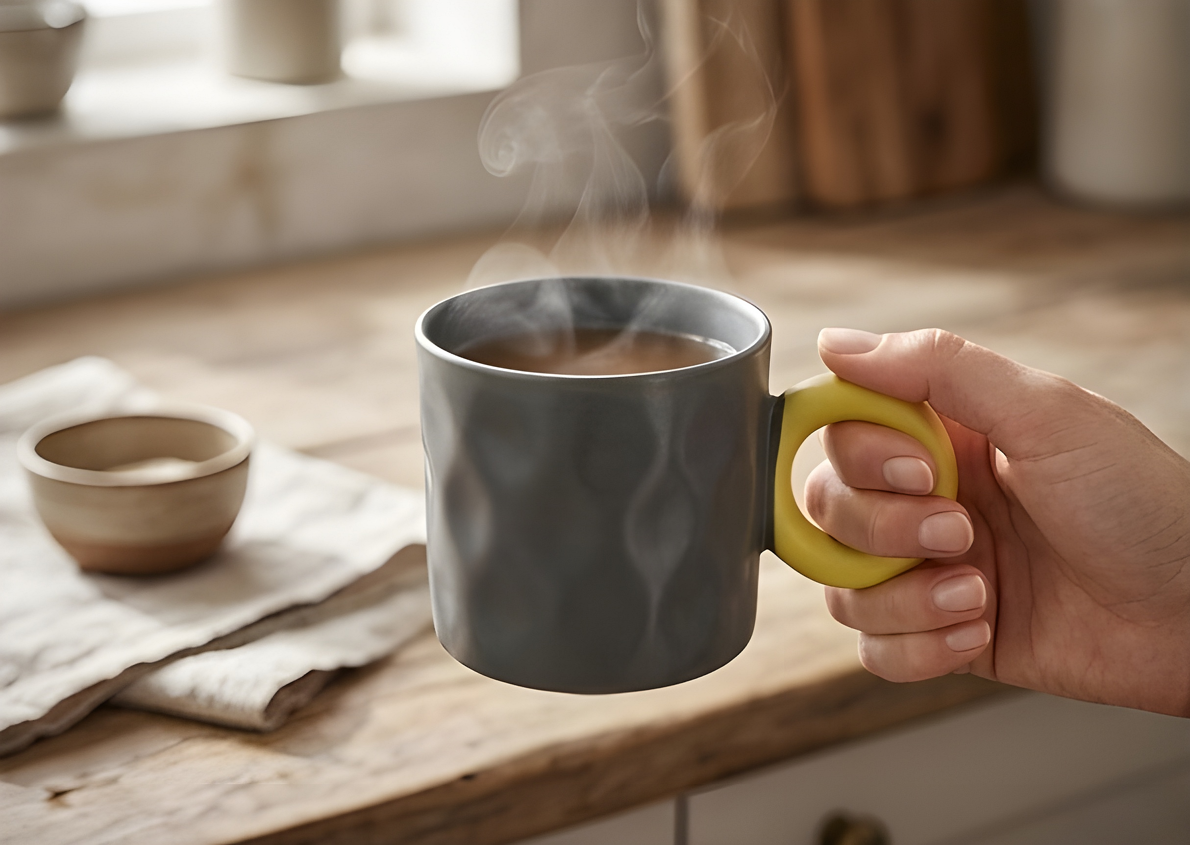 Unique Porcelain Mug Dark Grey Yellow Circle Handle