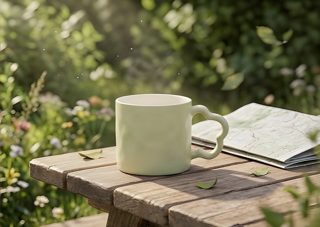 Cute Porcelain Mug Matcha Green Solid Flower-Shaped Handle