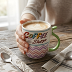 Coffee Shop Chevron Porcelain Mug - Green Handle
