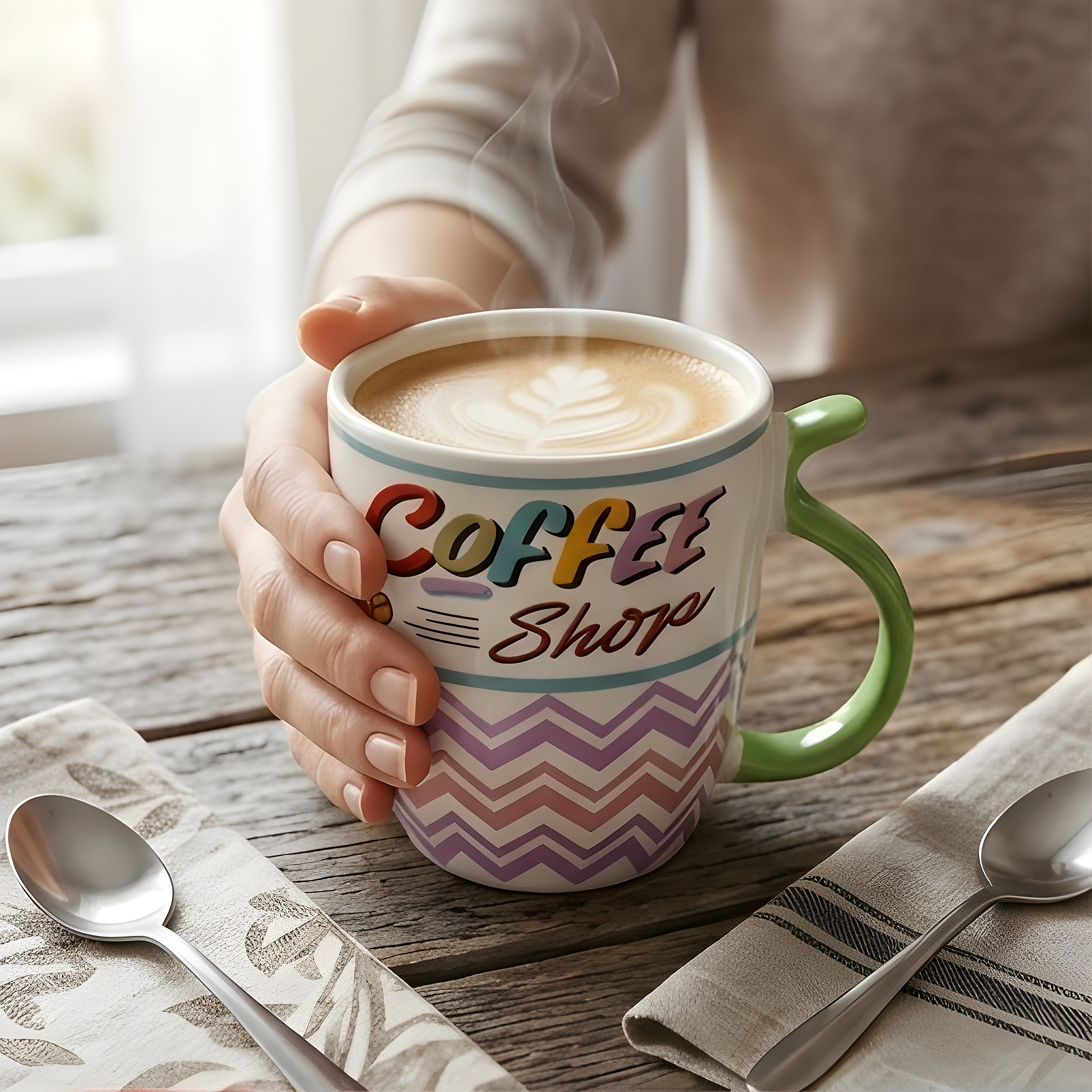 Coffee Shop Chevron Porcelain Mug - Green Handle