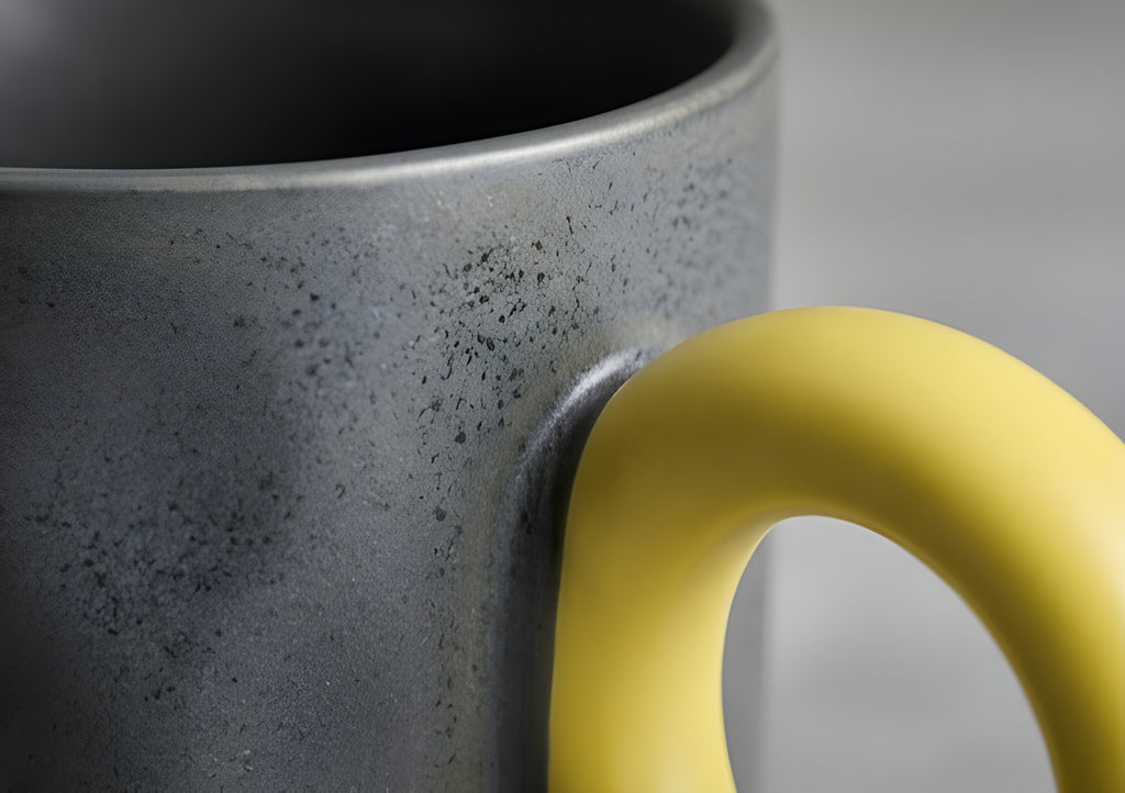 Unique Porcelain Mug Dark Grey Yellow Circle Handle