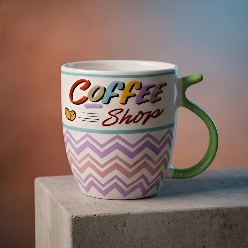 Coffee Shop Chevron Porcelain Mug - Green Handle