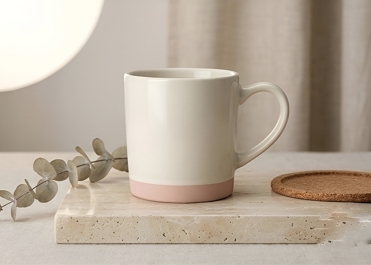 Elegant Porcelain Mug Cream White Pink Base Classic Handle