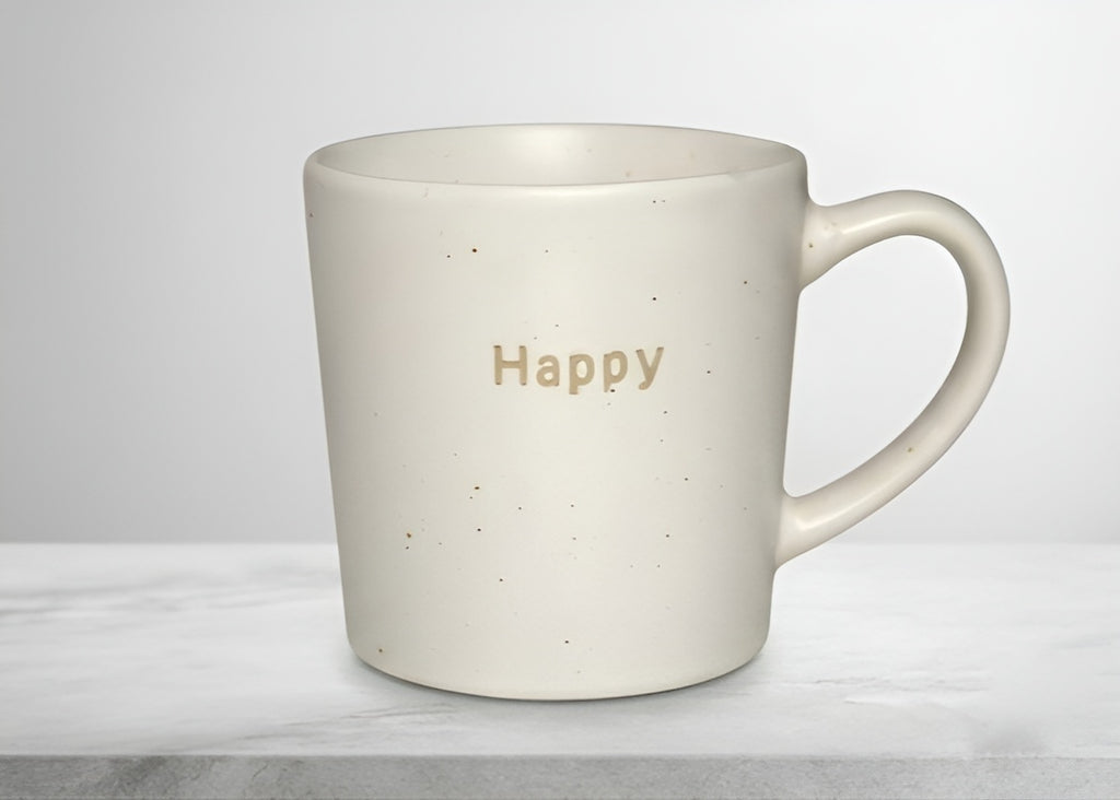 Elegant Porcelain Mug Happy Gold Text Cream Speckled