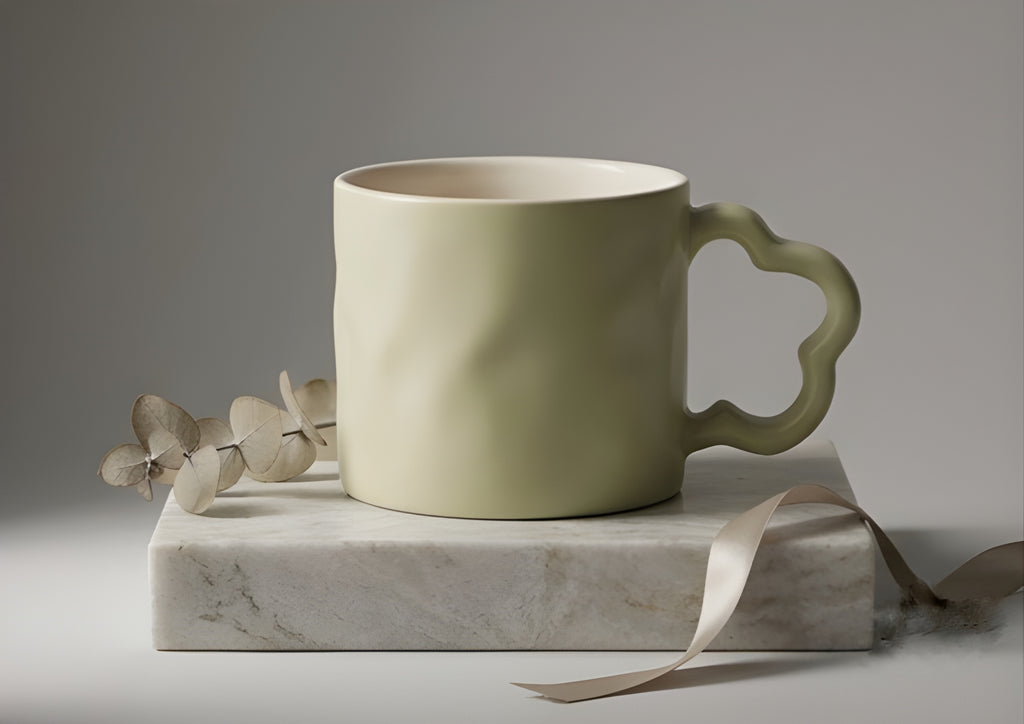 Cute Porcelain Mug Matcha Green Solid Flower-Shaped Handle