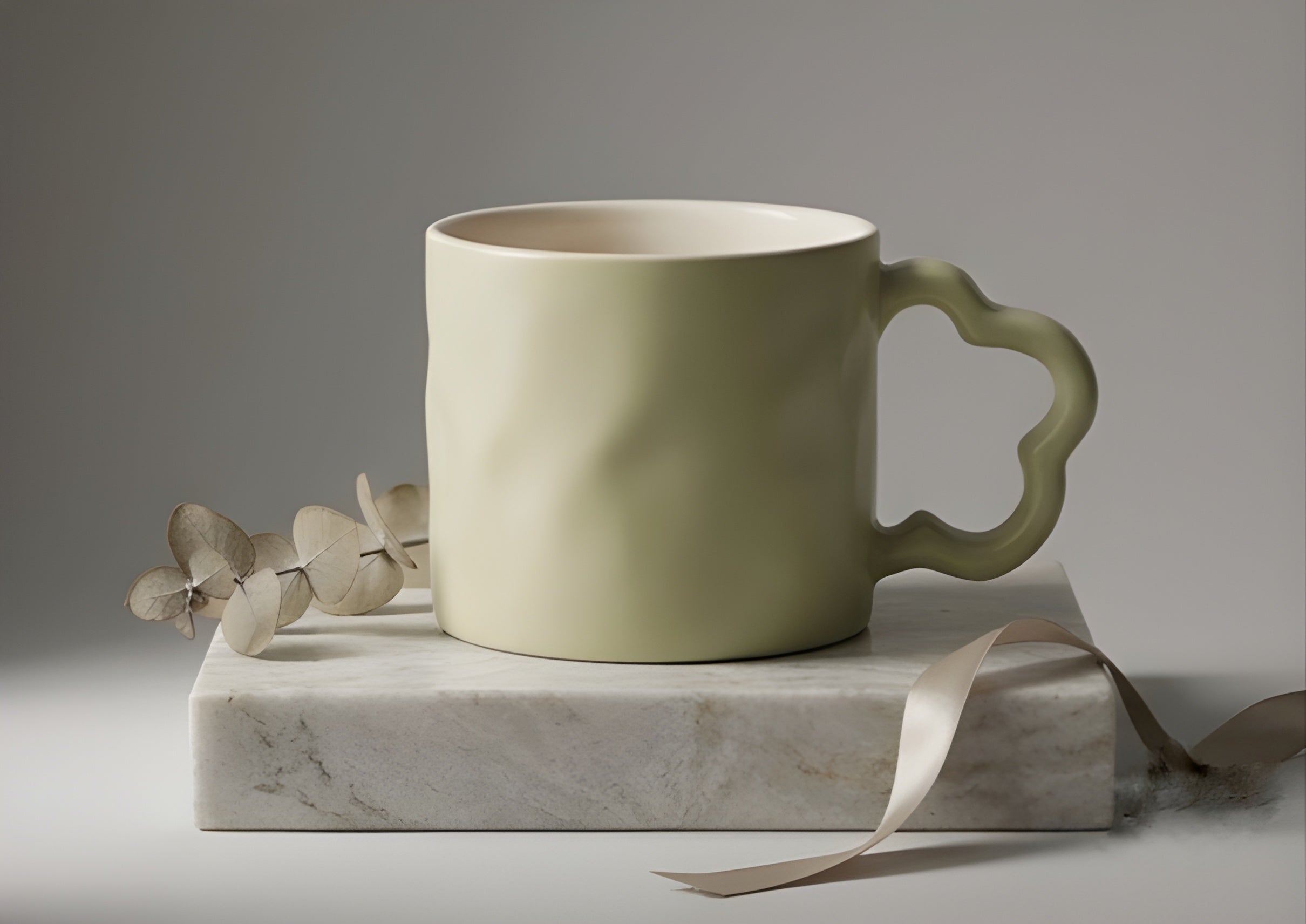 Cute Porcelain Mug Matcha Green Solid Flower-Shaped Handle