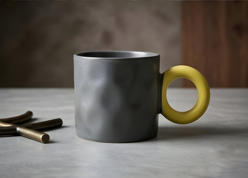 Unique Porcelain Mug Dark Grey Yellow Circle Handle