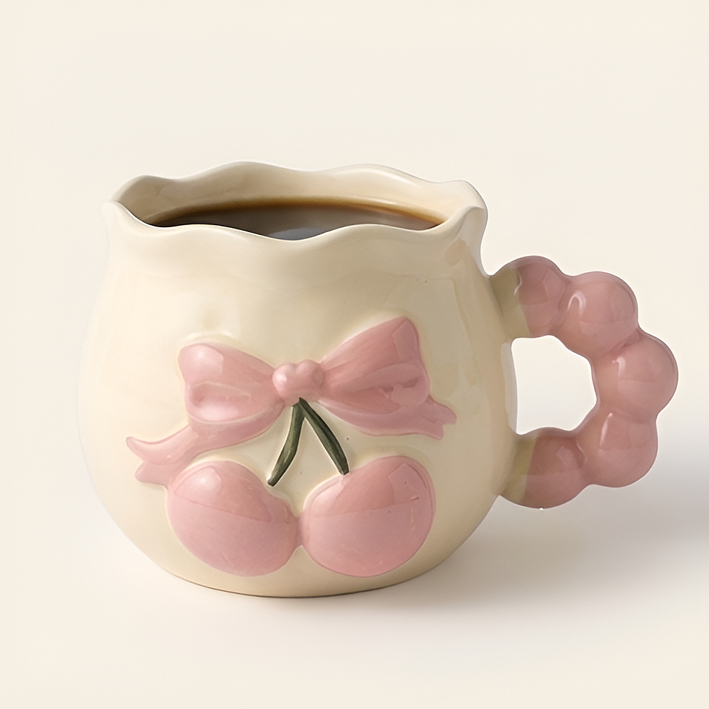Cute Pink Heart Handle Porcelain Mug