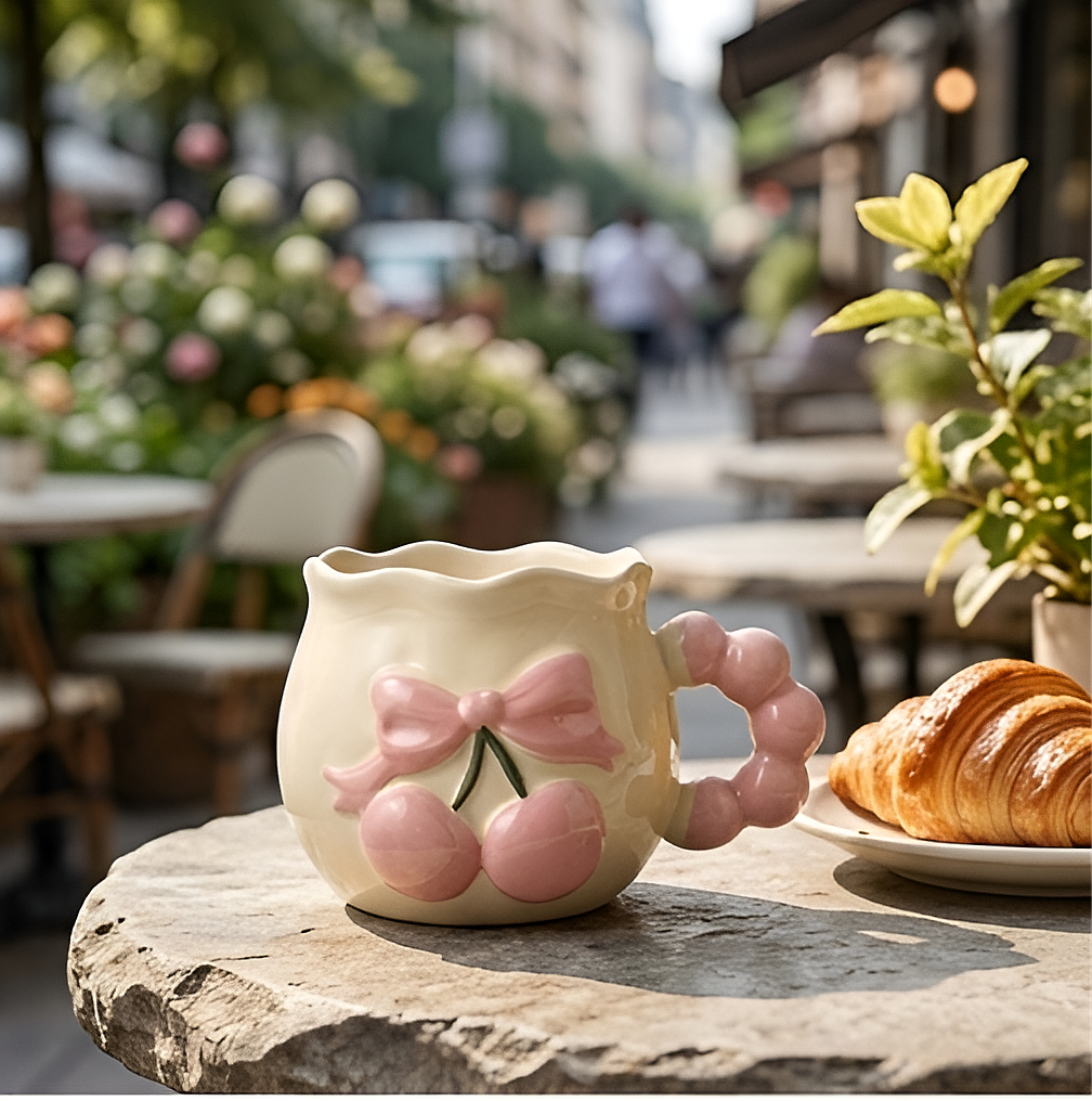 Cute Pink Heart Handle Porcelain Mug
