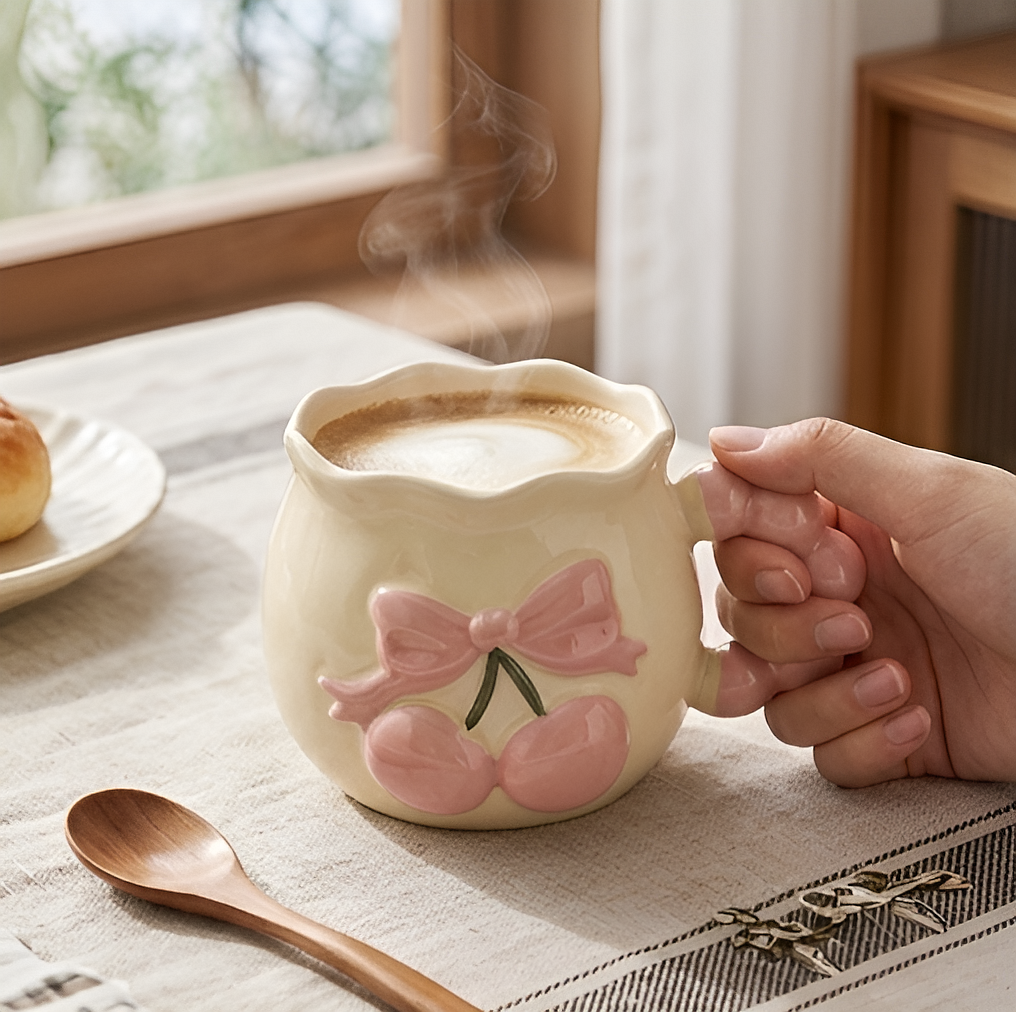 Cute Pink Heart Handle Porcelain Mug