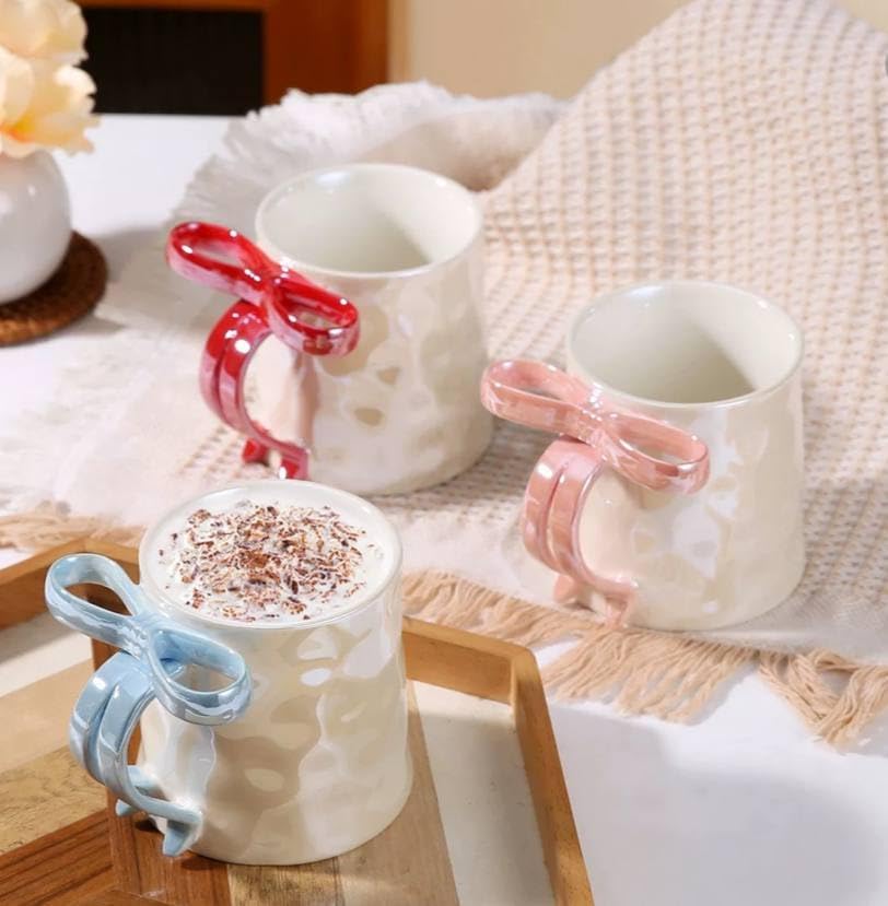 Cute Porcelain Mug Bow Handle Pink