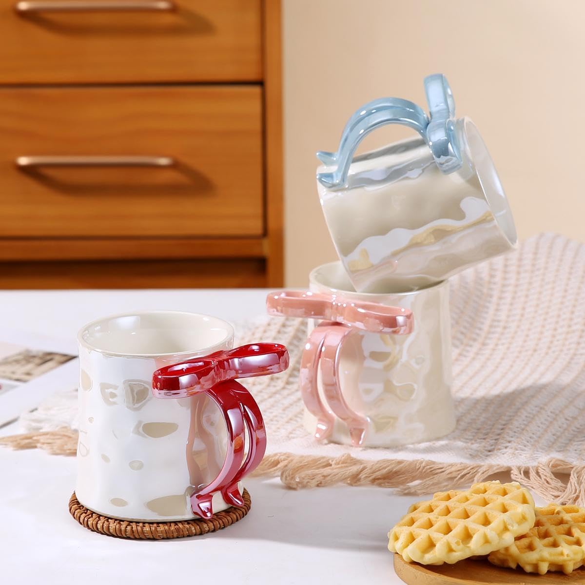 Cute Porcelain Mug Bow Handle Pink