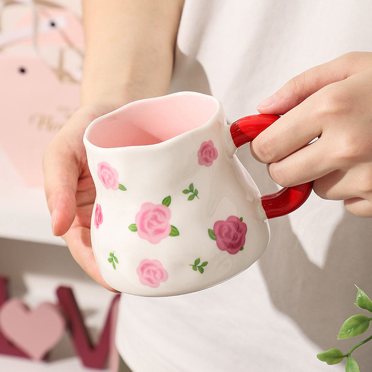 Cute Porcelain Mug Pink Roses Red