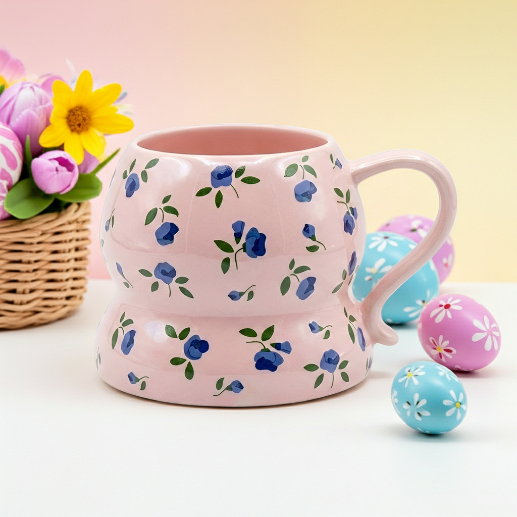 Cute Porcelain Mug Blue Floral Pink