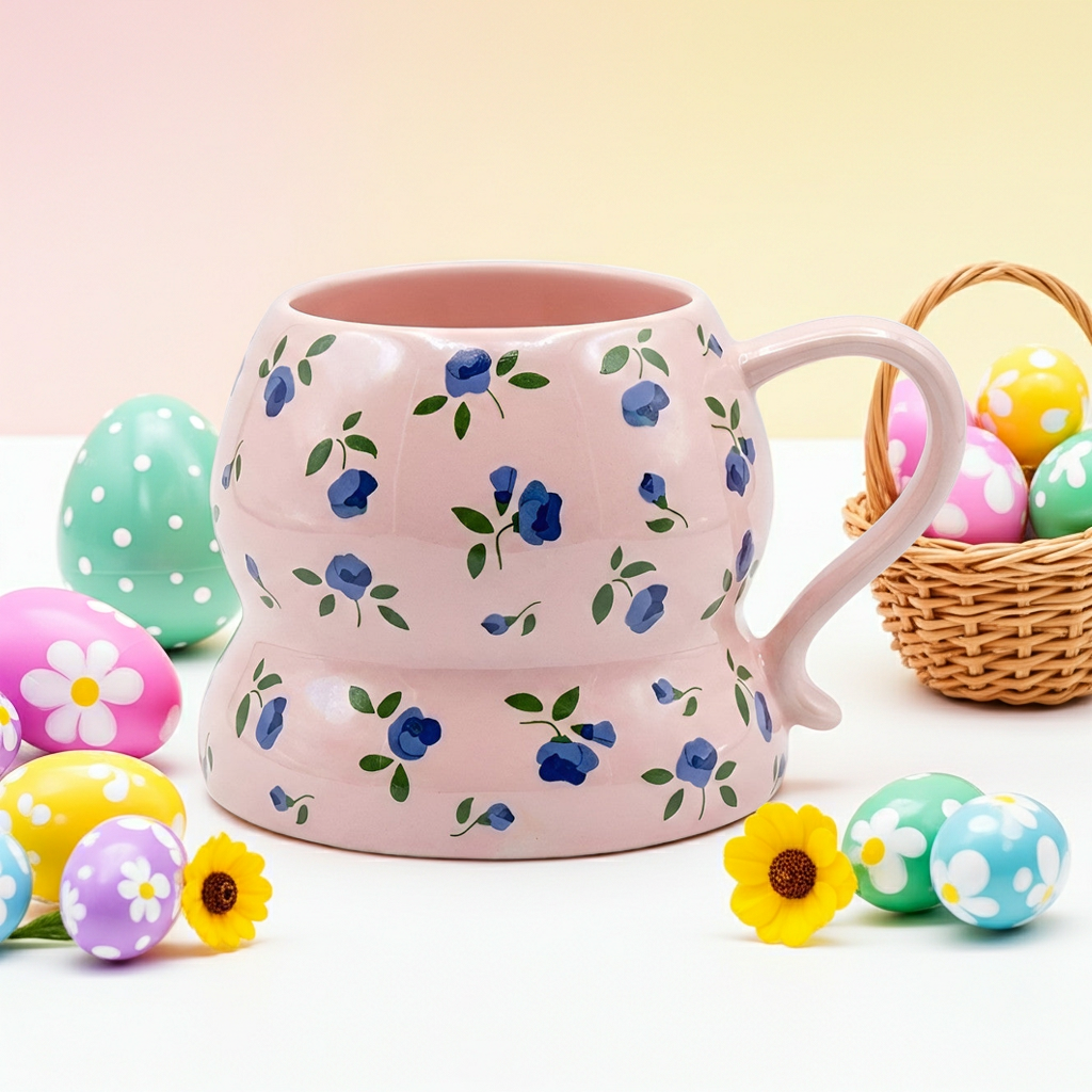 Cute Porcelain Mug Blue Floral Pink