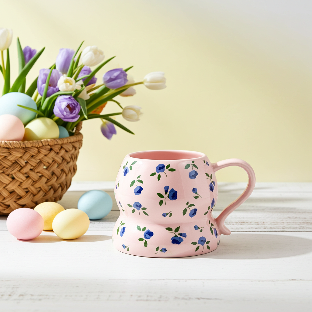 Cute Porcelain Mug Blue Floral Pink