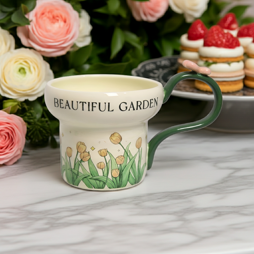 Cute Porcelain Mug Tulip Green Butterfly