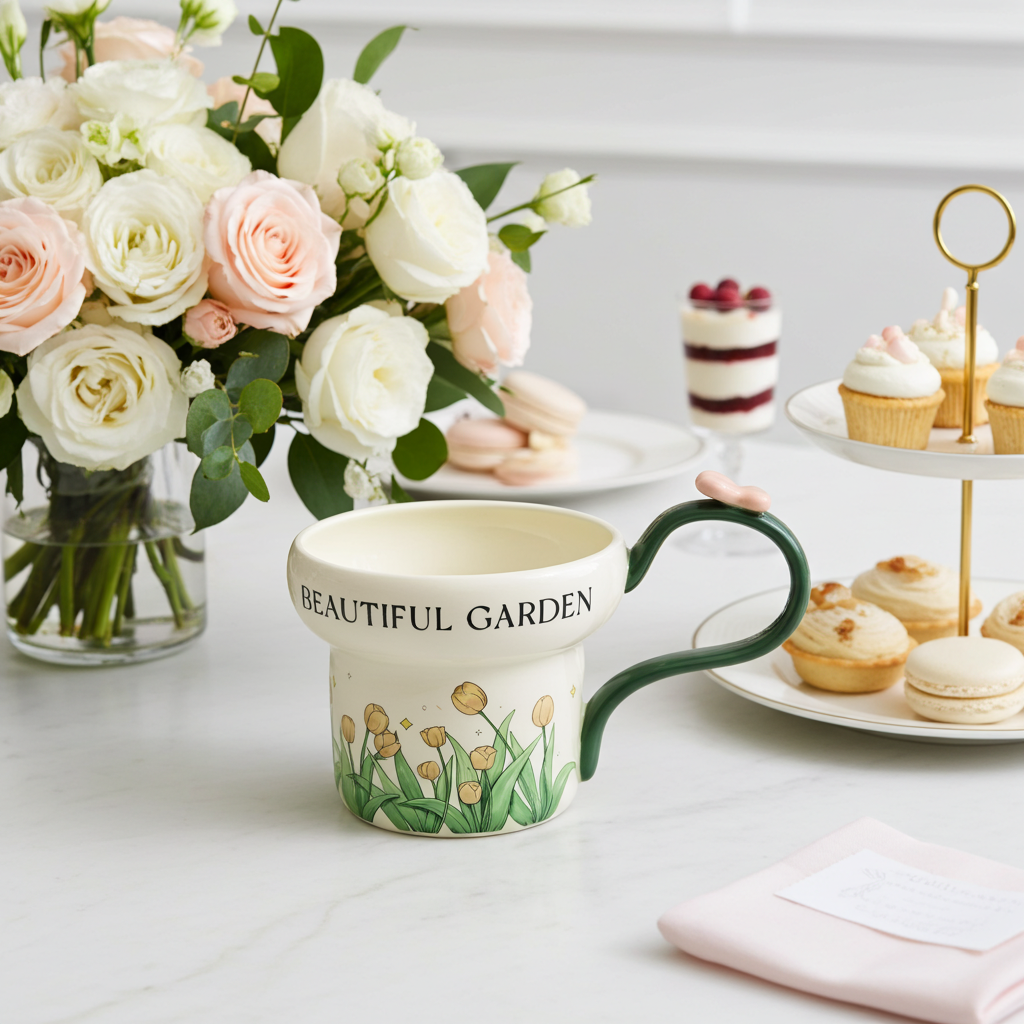 Cute Porcelain Mug Tulip Green Butterfly
