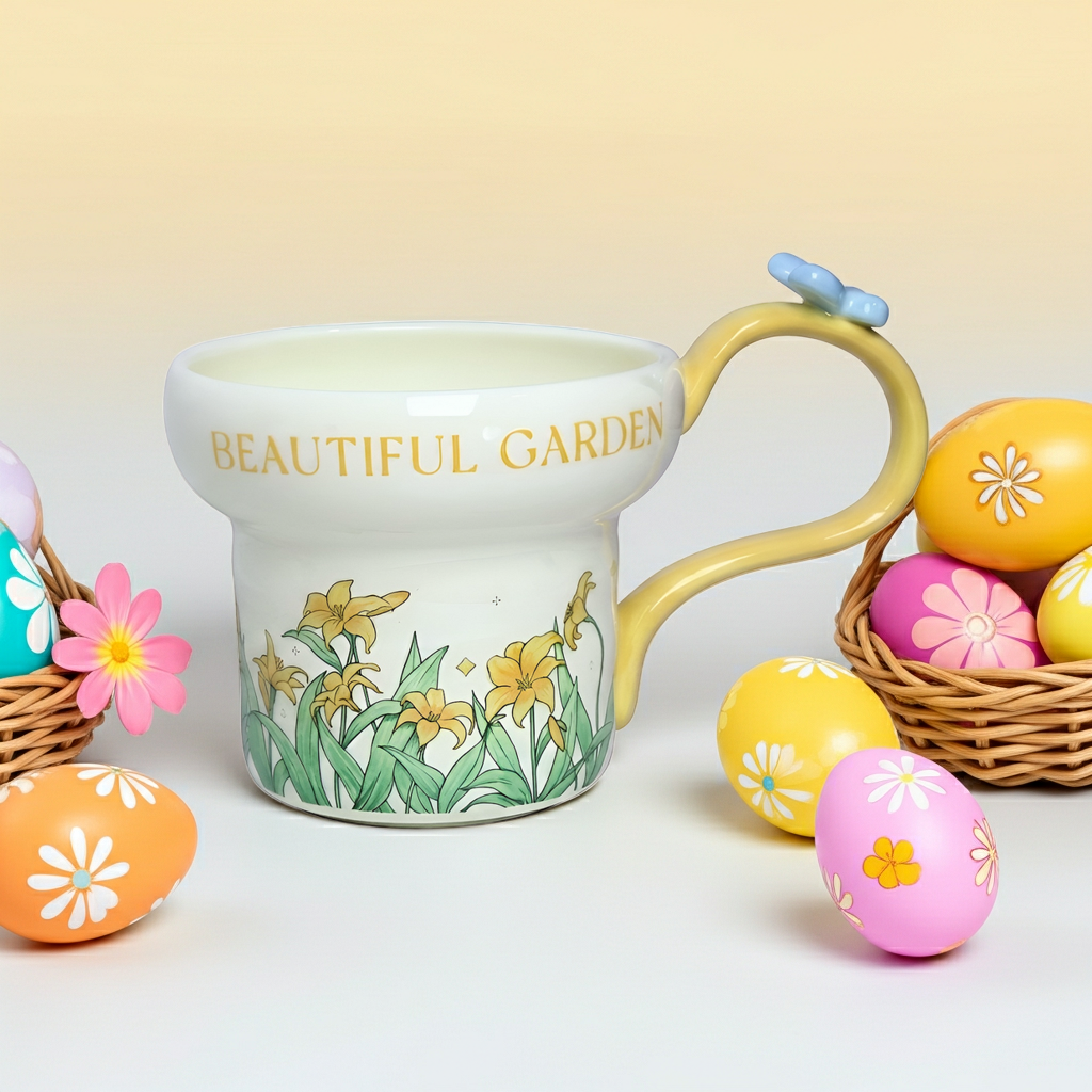 Cute Porcelain Mug Yellow Lily Butterfly