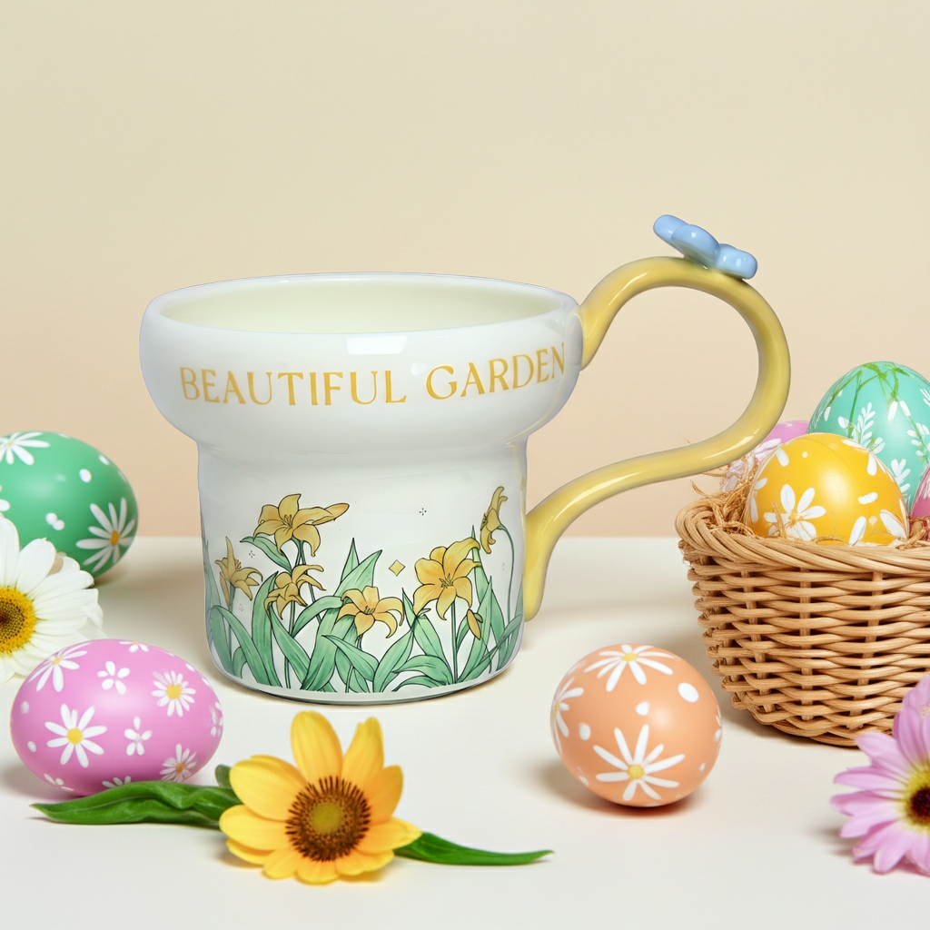Cute Porcelain Mug Yellow Lily Butterfly