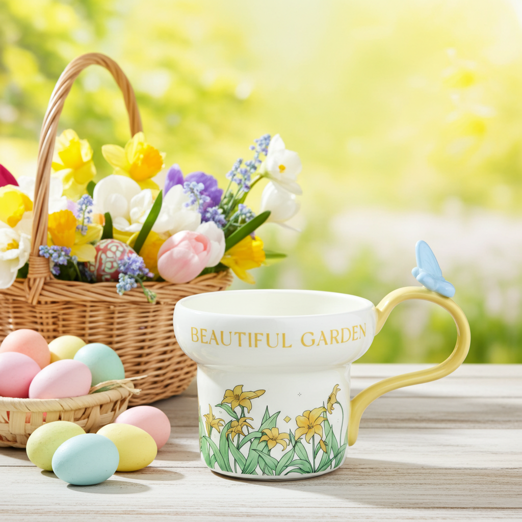 Cute Porcelain Mug Yellow Lily Butterfly