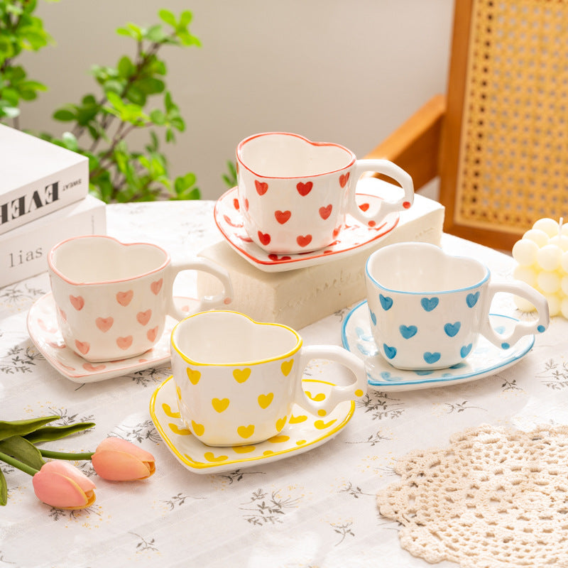 Cute Porcelain Mug Red Hearts Heart Shape White Handle Saucer