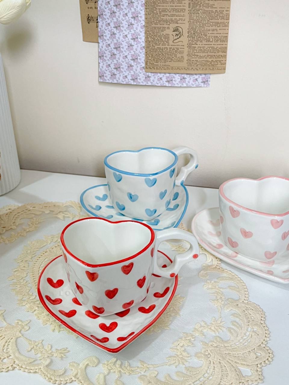 Cute Porcelain Mug Red Hearts Heart Shape White Handle Saucer