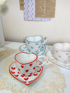 Cute Porcelain Mug Red Hearts Heart Shape White Handle Saucer